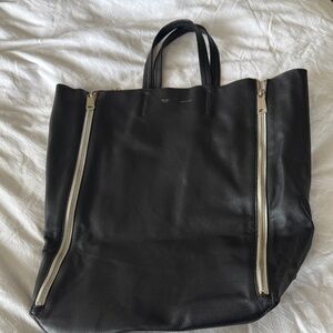 Celine Black Leather Tote with Silver Zippers